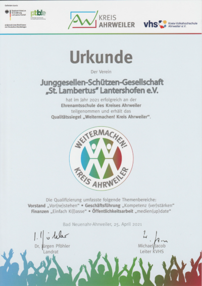 Urkunde Ehrenamtsschule 2021 Urkunde des Kreises an die Gesellschaft für die erfolgreiche Teilnahme. Foto: Marco Böhm